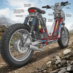 Cutaway illustration showcasing the robust suspension system of an all-terrain scooter, demonstrating how it absorbs shocks and ensures a smooth ride over uneven ground.