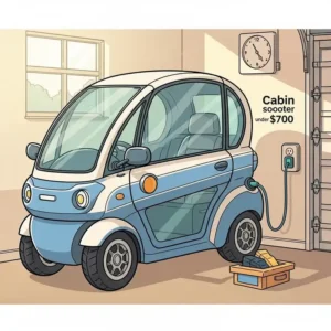 An illustration of an enclosed cabin scooter under $700 being conveniently charged at a standard home outlet, symbolizing ease of power access.