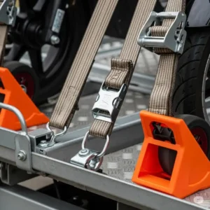 Close-up view of the secure tie-down straps and wheel chocks on a motor scooter carriers for cars, ensuring safe transport.