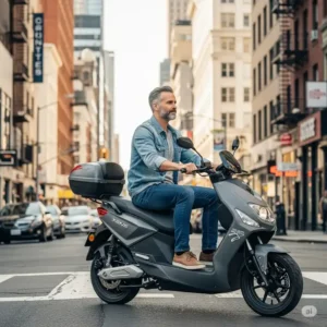 Person riding a dual motor scooter through an urban environment, emphasizing its suitability for daily commutes.