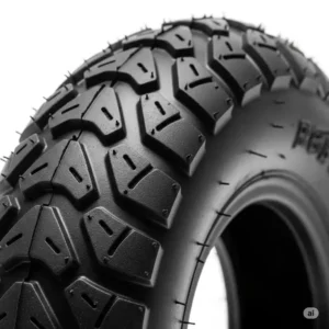 Close-up of a durable solid e-scooter tire with tread patterns, emphasizing its puncture-resistant design, a common e scooter parts replacement.