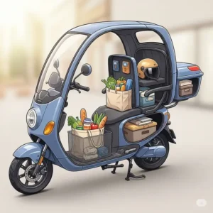 Illustration highlighting the practical storage compartments and trunk space available in an enclosed electric scooter for groceries or personal items.