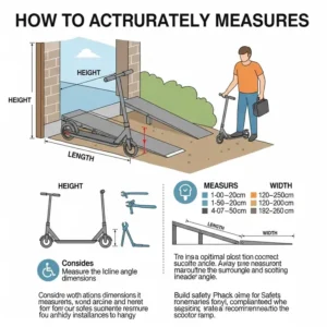  An infographic illustrating how to accurately measure for a scooter ramp, showing height, length, and width considerations for proper installation.