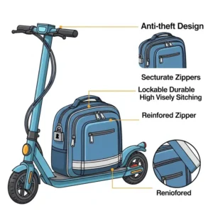 "Illustration of a scooter bag featuring secure zipper closures and anti-theft design elements for peace of mind while riding."