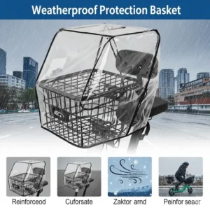  Graphic of a weatherproof scooter basket with a protective cover, suggesting its suitability for all-weather use and protecting contents from rain.