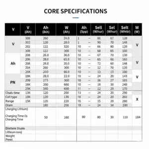 Table or chart detailing key specifications of an electric scooter battery, such as voltage, ampere-hours (Ah), and wattage.