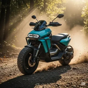 An adventurous scooter with large wheels navigating an unpaved path, illustrating its capability for off-road or rough-terrain use.