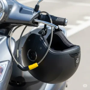 Thin cable lock scooter helmet and the handlebars, showing additional accessory security for scooters.