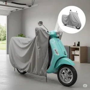  An illustration of a scooter cover providing an effective storage solution for a scooter, keeping it clean and protected in a garage.