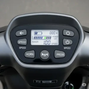 A clear and intuitive scooter mobility control panel, showing easy-to-reach speed controls, battery indicator, and horn, essential for safe operation.
