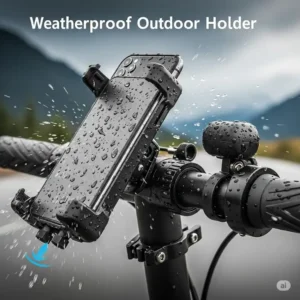 Image showcasing a rugged, weatherproof scooter phone holder designed for outdoor use in all conditions.
