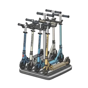A close-up, detailed illustration showing the locking or gripping mechanism of a scooter stand, highlighting its design and functionality.