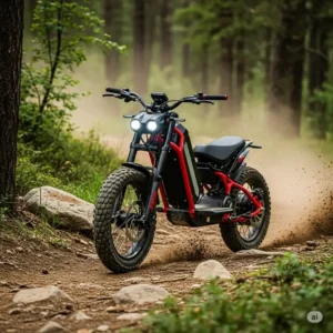 Dual motor scooter tackling a challenging off-road trail, showcasing its power and all-terrain capabilities.