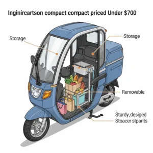 An illustration showing the compact storage space within or attached to an enclosed cabin scooter under $700, suitable for groceries or small bags.