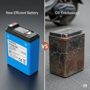 Visual comparison highlighting the differences between a new, efficient battery for scooter and an old, degraded one.