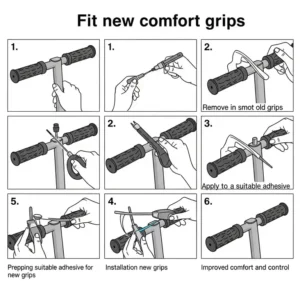 Step-by-step illustration of installing new grips onto scooter bars for improved comfort and control.