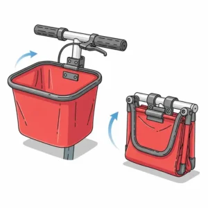  Illustration of a collapsible or folding scooter basket in both open and collapsed states, demonstrating its space-saving design when not in use.