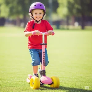 A child joyfully riding a stable scooter featuring large wheels, indicating its suitability and safety for younger riders.