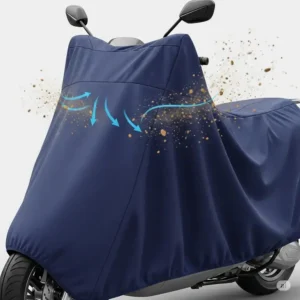 Close-up illustration showing a scooter cover effectively repelling dirt and dust, keeping the scooter clean.