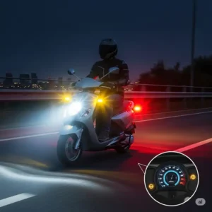 A graphic depicting a scooter with all its scooter lights on (headlight, taillight, turn signals) being ridden safely at night, enhancing visibility for the rider.