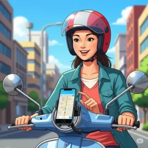Illustration of a scooter rider safely viewing navigation on a smartphone secured in a scooter phone holder.