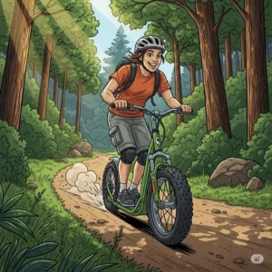 An action illustration depicting someone enjoying a recreational ride on an all-terrain scooter on a scenic forest trail, emphasizing the fun and outdoor experience.