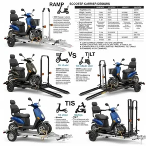 Comparison of various scooter carrier for trailer hitch designs, including ramp and tilt models, to suit different scooter types.