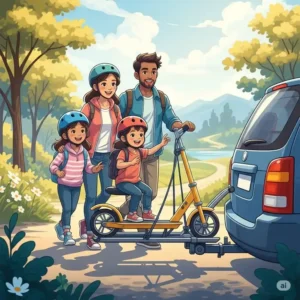 Illustration depicting a family enjoying an outdoor adventure with their scooter transported conveniently on a scooter carrier.
