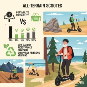 Infographic-style illustration depicting the various benefits of owning an all-terrain scooter, such as portability, eco-friendliness, and accessibility to challenging terrains.