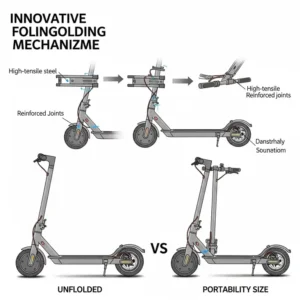 Diagram showing the folding mechanism of an e-scooter frame, emphasizing the durable construction and portability features, key e scooter parts.