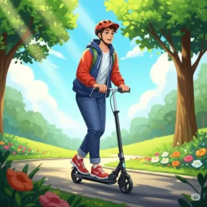 An illustration of a person riding a fold up scooter through a park, enjoying leisure time and demonstrating its use for short recreational trips.