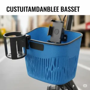 Visual representation of a scooter basket with optional accessories like a cup holder or phone mount, showing how it can be customized for enhanced utility.