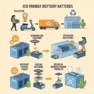 Illustration depicting the eco-friendly disposal and recycling process for used battery for scooter, promoting environmental responsibility.
