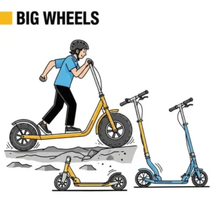 Comparative illustration showing different types of scooters, highlighting the benefits and distinct appearance of a scooter with big wheels versus smaller-wheeled models.