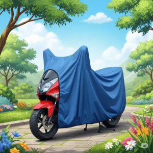 Scenic illustration of a scooter covered with a high-quality scooter cover, parked safely outdoors against various weather conditions.