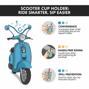 Infographic highlighting key benefits of a scooter cup holder, such as convenience, hands-free riding, and spill prevention.