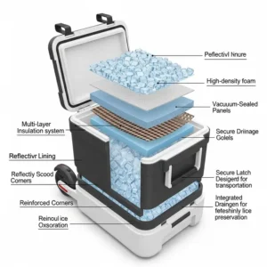 Cross-section illustration highlighting the advanced insulation technology within a scooter ice chest, ensuring extended ice retention and optimal cooling performance.