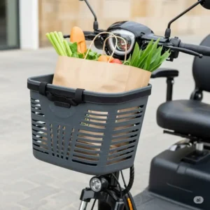 A spacious front-mounted basket, a practical scooter mobility part, designed for convenient storage of personal items or groceries.