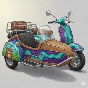 Illustration of a customized scooter sidecar with unique paintwork and accessories, inspiring ideas for personalizing your scooter sidecar.