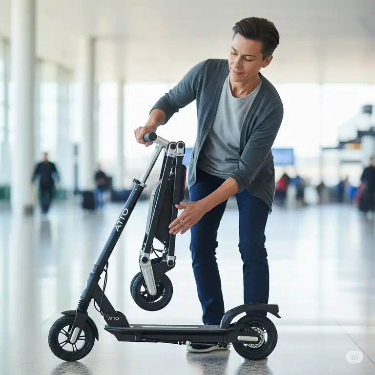 A person effortlessly folds their sleek atto scooter for transport, showcasing its compact design.