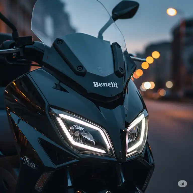 A close-up shot of a sleek, black Benelli scooter's front, highlighting the brand logo and modern headlight design. The scooter is parked on a city street at dusk.