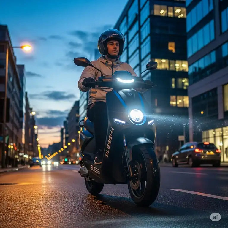 A person riding a bless reach scooter on a city street at dusk, showcasing its sleek design and bright headlight.