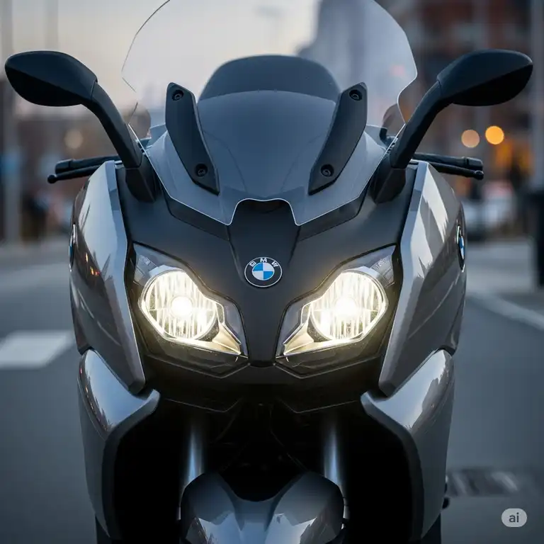 A close-up shot of the front of the bmw scooter 650, the C 650 GT, showcasing its sleek design and LED headlights. This urban mobility vehicle is perfect for city commuting.
