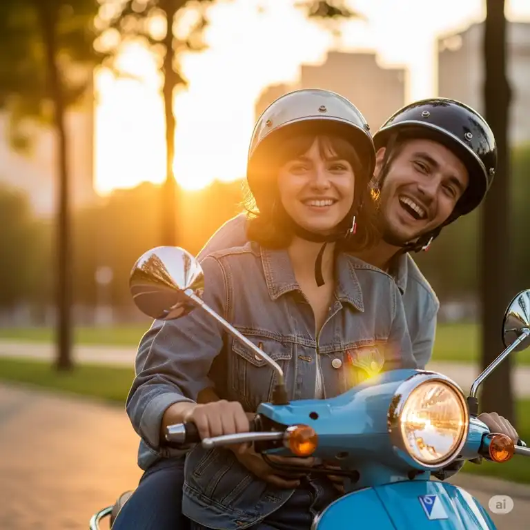 A close-up shot of two friends riding a buddy scooter through a city park, with the sun setting behind them.
