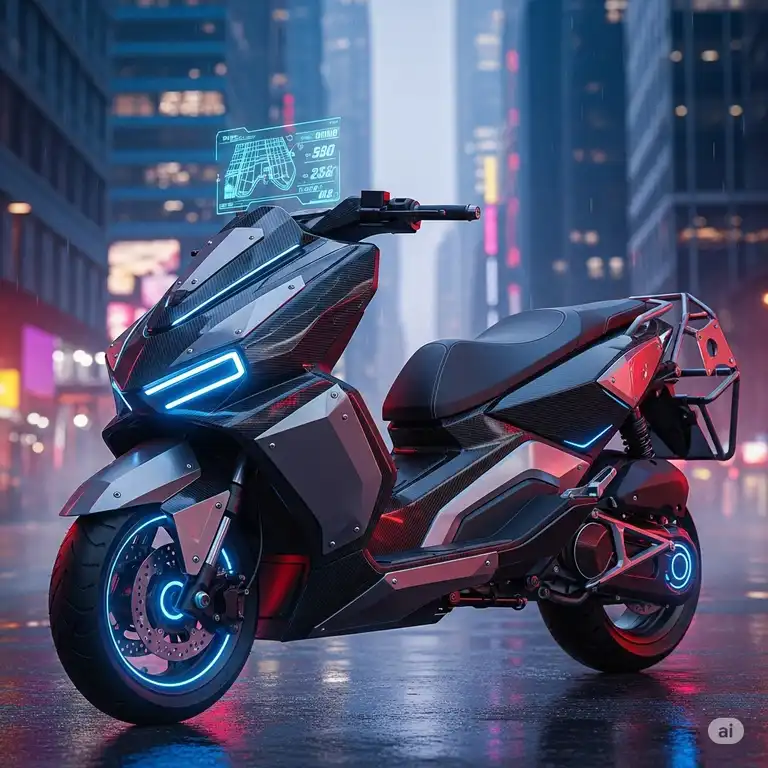 A futuristic carbon armor scooter is shown with advanced integrated plating.