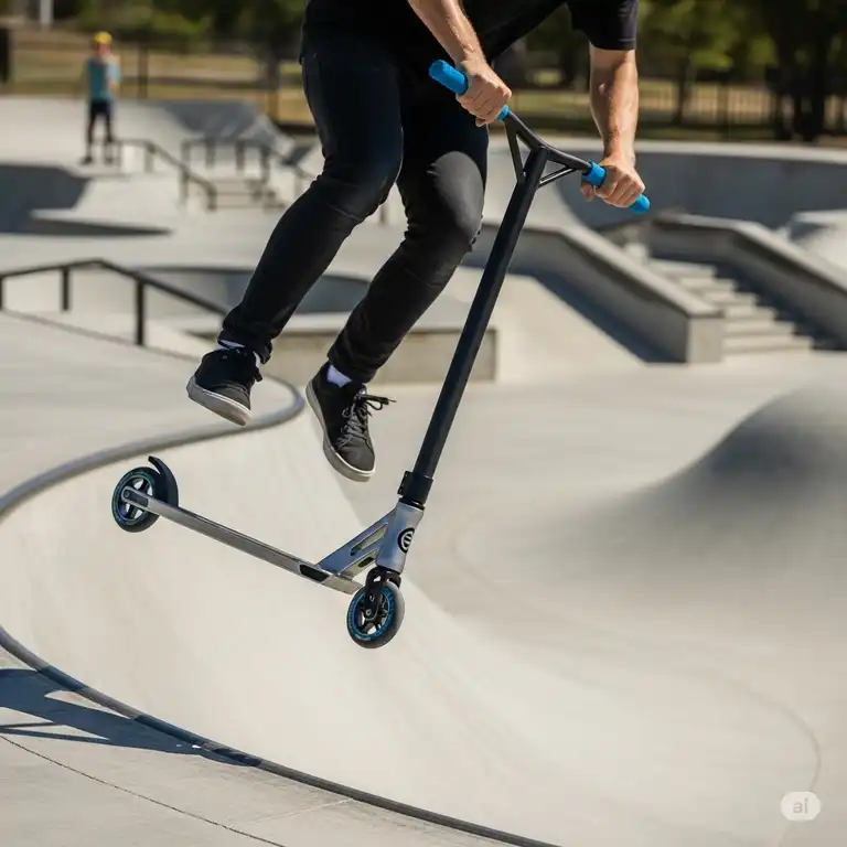 A professional shot of a new envy scooter in a skatepark, showcasing its sleek design and high-quality parts.