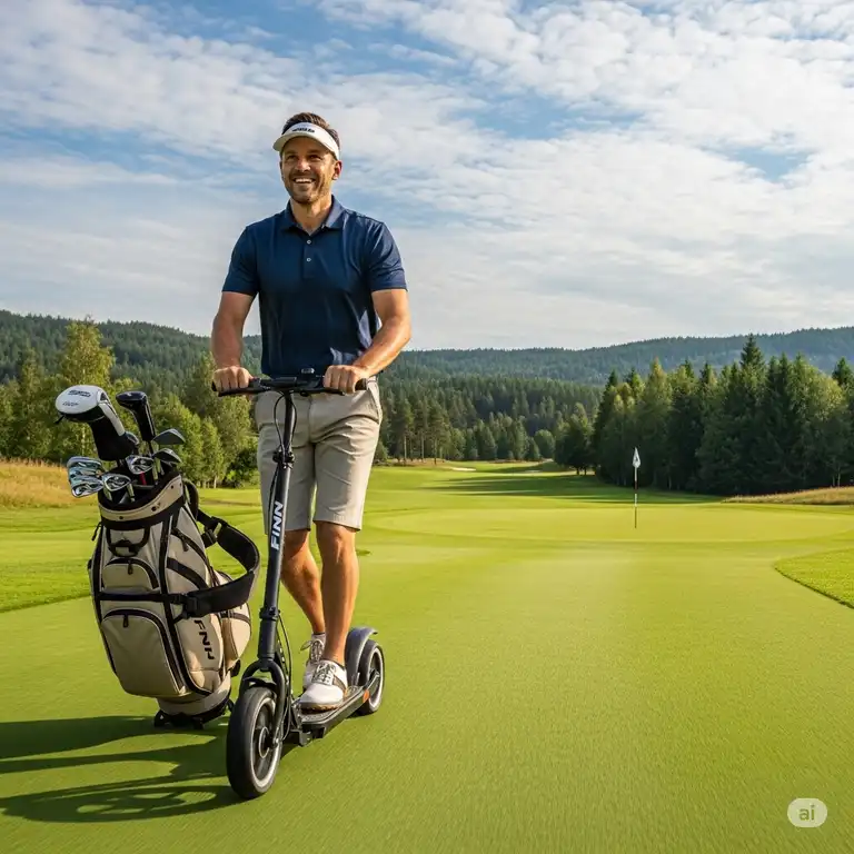 A golfer smiling while riding the finn golf scooter along a scenic fairway, with a golf club bag securely attached.
