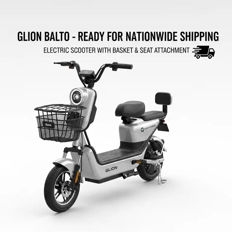 A sleek, silver Glion balto scooter for sale nationwide, with a front basket and optional seat attachment.