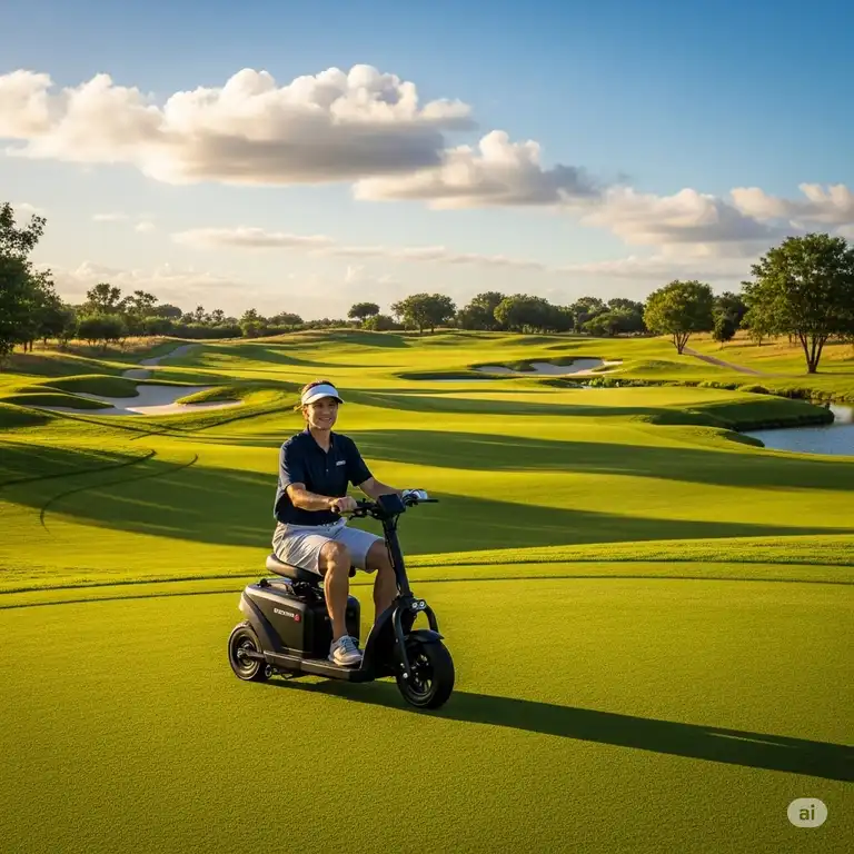A person riding a single-rider golf cart scooter on a scenic golf course, showing the compact and convenient design for navigating between holes.