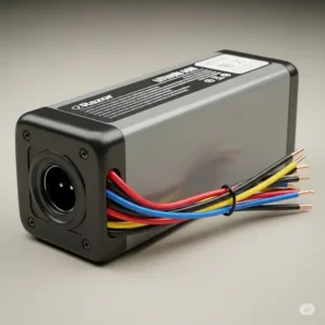 A replacement lithium-ion razor motor scooter battery, shown with its charging port and connection wires.